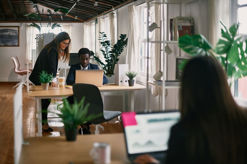 Diverse colleagues working in office together