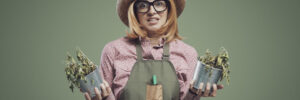 Disappointed woman holding dead plants: gardening failure concept