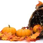 fall leaves with pumpkins in a cornucopia, autumn scene