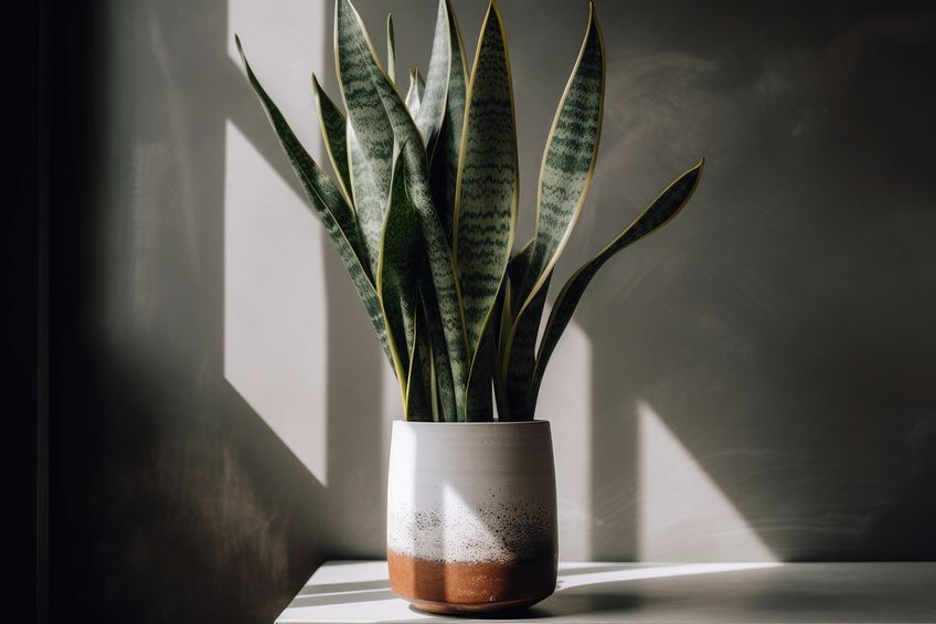 Snake Plant With Tall, Sturdy Leaves In A Sleek White Pot In A Minimalist office. Generative AI